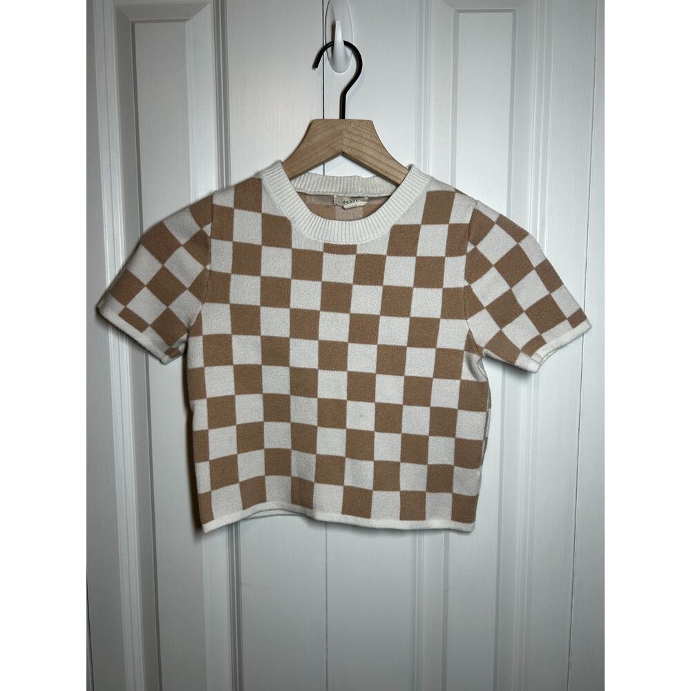 Debut Brown and White Checkered Short Sleeve Knit Top Size S